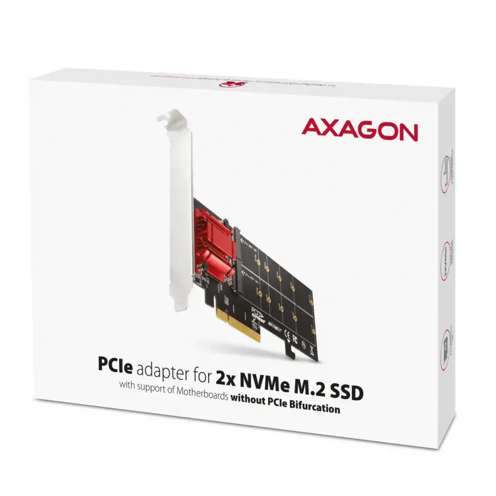 "Axagon PCEM2-ND PCIE 2X NVME M.2 KONTROLERISPCI-Express x8 vidinis valdiklis, skirtas dviem NVMe M.2 SSD diskams prijungti prie kompiuterio. Palaiko pagrindines plokštes be PCIe padalijimo.