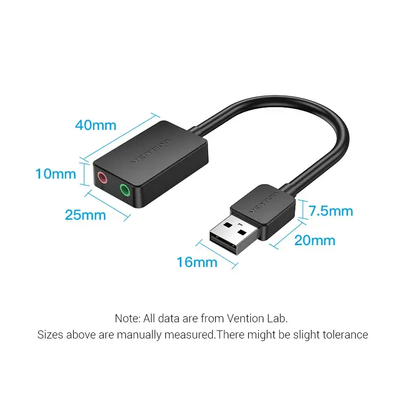 "Vention" 2 prievadų USB išorinė garso kortelė 0,15M juoda, 2,1 kanalo, 16 bitų, USB