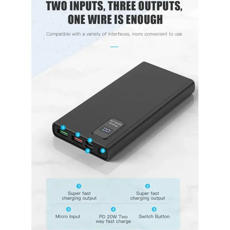 Plokštelės maitinimo bankas 10000mAh PD QC LED, juodos spalvos