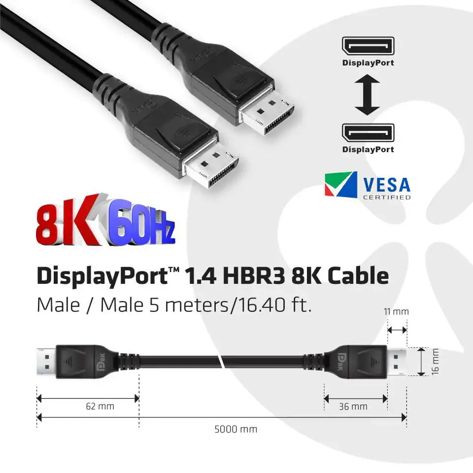 CLUB3D DisplayPort 1.4 HBR3 8K Cable M/M 5m /16.40ft, 5 m, DisplayPort, DisplayPort, Male, Male, 7680 x 4320 pixels