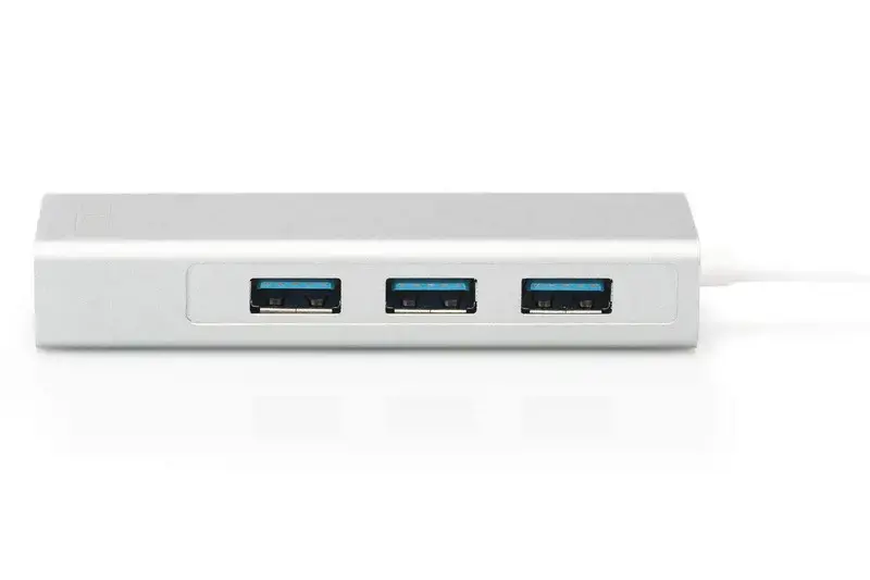 DIGITUS 3 prievadų USB 3.0 C tipo šakotuvas su Gigabit Ethernet 3xUSB A/F 1xUSB C/M 1xRJ45 LAN Palaiko Windows ir Mac OS