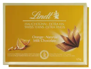 LINDT THINS pieninis šokoladas apelsinų skonio, 125g