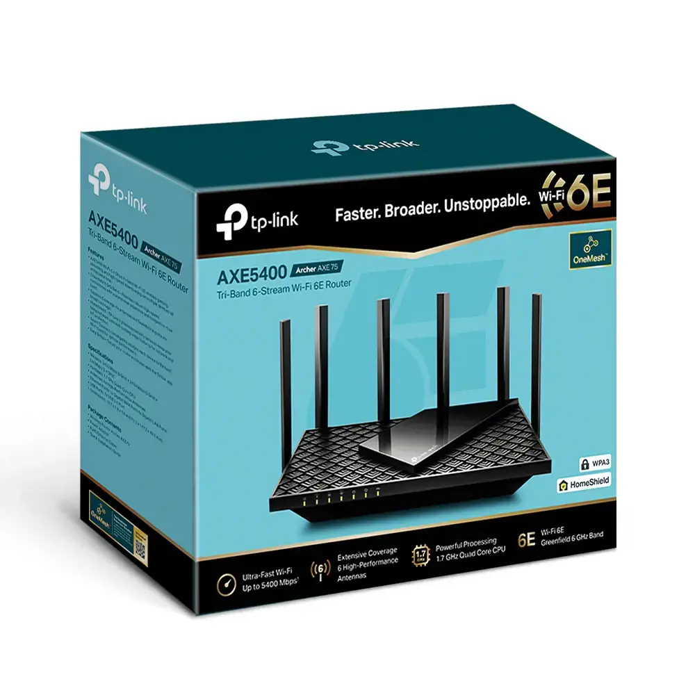 "TP-Link Archer AXE5400" trijuostis gigabitinis "Wi-Fi 6E" maršrutizatorius, "Wi-Fi 6E" (802.11ax), trijuostis (2,4 GHz / 5 GHz / 6 GHz), Ethernet LAN, juodas, stalinis maršrutizatorius