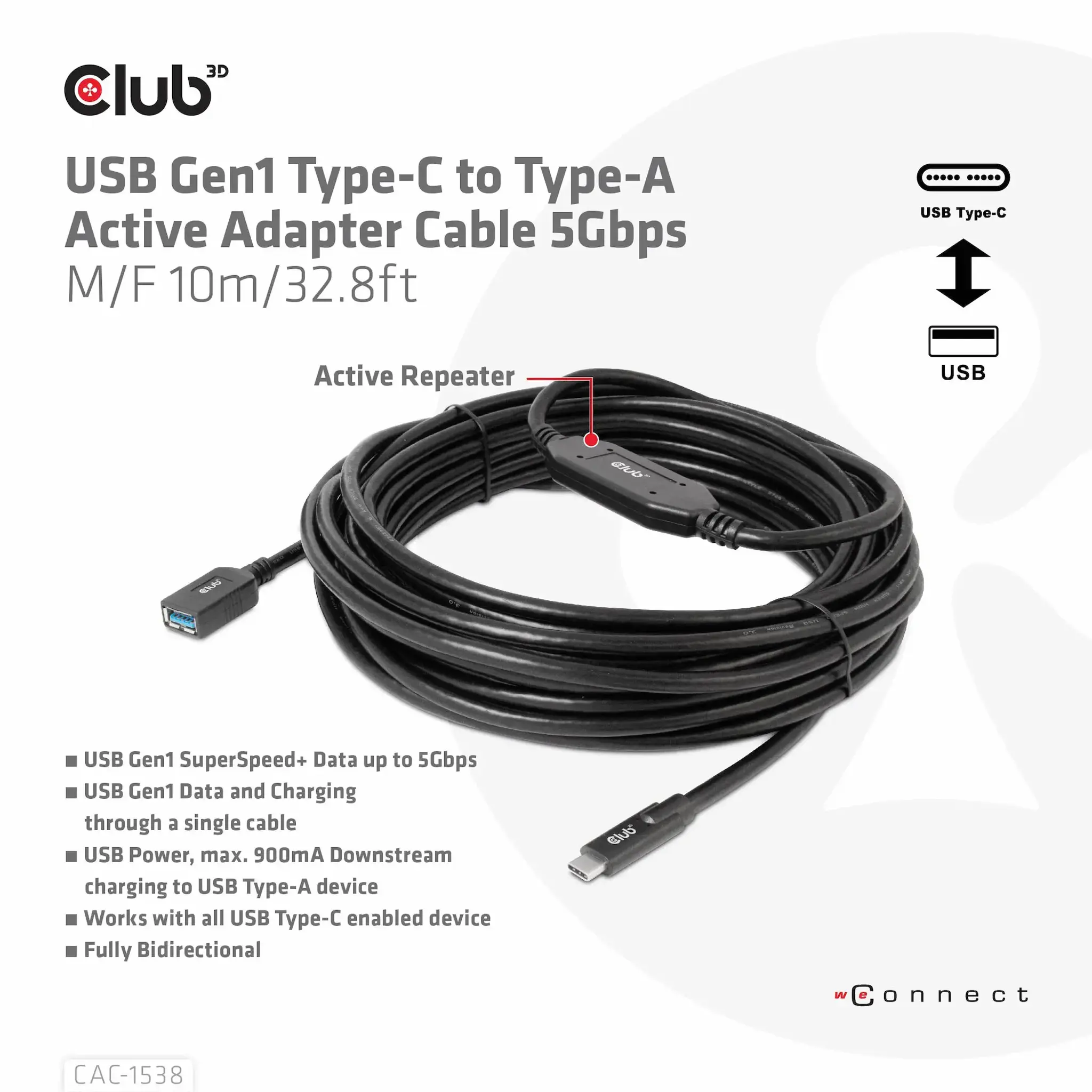 CLUB3D USB Gen1 Type-C to Type-A Active Adapter Cable 5Gbps M/F 10m/32.8ft, 10 m, USB C, USB A, USB 3.2 Gen 1 (3.1 Gen 1), 5000 Mbit/s, Black