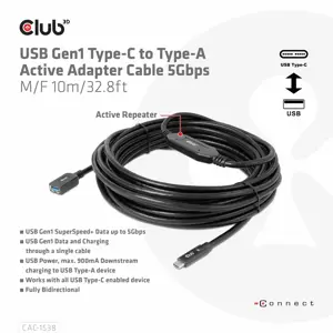 CLUB3D USB Gen1 Type-C to Type-A Active Adapter Cable 5Gbps M/F 10m/32.8ft, 10 m, USB C, USB A, USB 3.2 Gen 1 (3.1 Gen 1), 5000 Mbit/s, Black