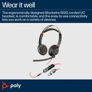 POLY Blackwire 5220 Stereo USB-C Headset +3.5mm Plug +USB-C/A Adapter, Wired, Business/Everyday, 162.5 g, Headset, Black