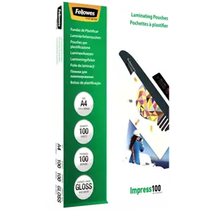 "Fellowes" A4 blizgus 100 mikronų laminavimo maišelis - 100 pakuočių, skaidrus, plastikinis, A4, 210 mm, 1 mm, 297 mm