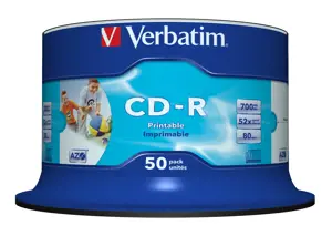 VERBATIM rašaliniu spausdintuvu spausdinamas CD-R 80 min. / 700 MB 52x 50 vnt. vijų baltas pilno dy…