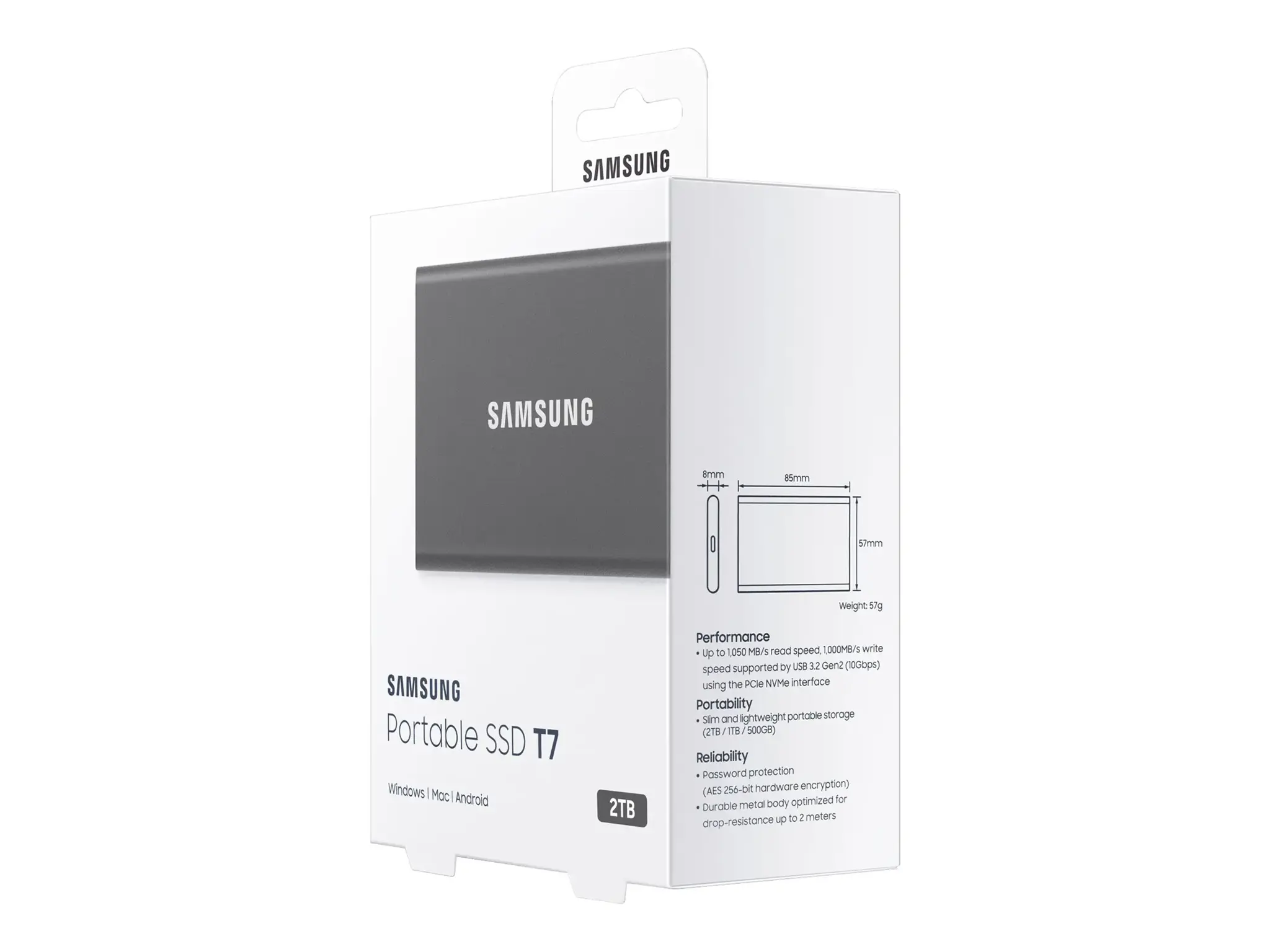 "Samsung" nešiojamasis SSD diskas T7, 2000 GB, C tipo USB, 3.2 Gen 2 (3.1 Gen 2), 1050 MB/s, apsauga nuo slaptažodžio, pilkas
