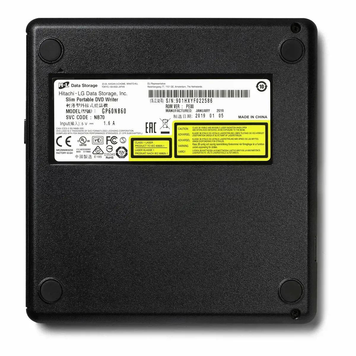 "Hitachi-LG Slim" nešiojamasis DVD įrašymo įrenginys, juodas, dėklas, stalinis/nešiojamasis kompiuteris, DVD±RW, USB 2.0, 60000 h