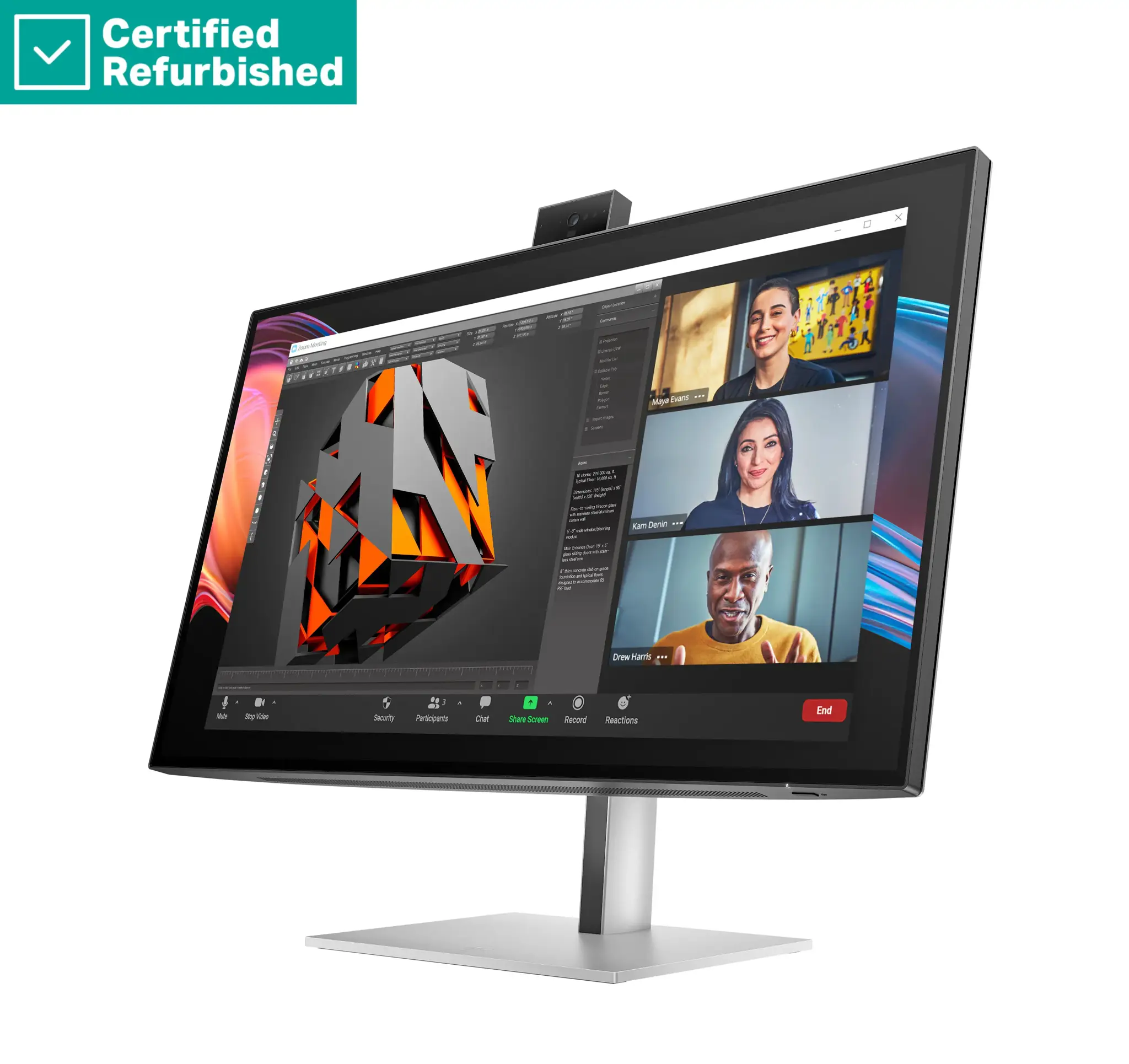 RENEW SILVER HP 727pm Series 7 Pro 4K Conferencing Monitor - 27" 3840x2160 UHD 400-nit 60Hz AG, IPS Black HDR 400, USB-C(100W/15W)/HDMI/DP Daisy-Chain, 5x USB-A, speakers, 5MP webcam, RJ-45 LAN, height adjustable/tilt/swivel/pivot, 1 years