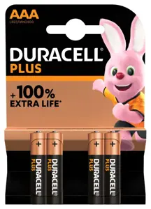 Duracell Plus 100, Vienkartinė baterija, AAA, šarminė, 1,5 V, 4 vnt., įvairiaspalvė