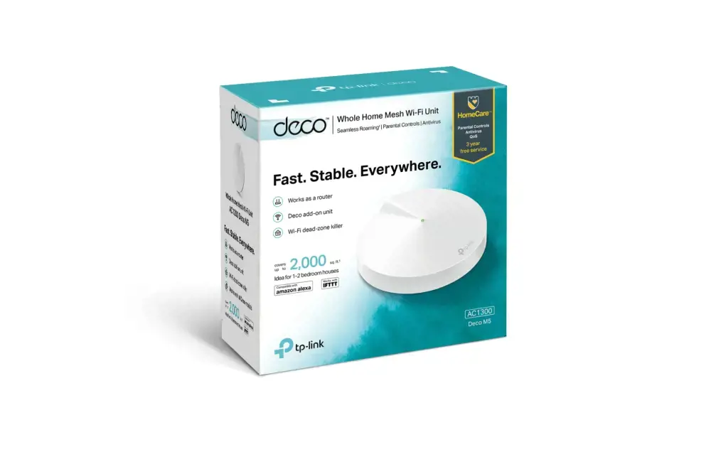 "TP-Link Deco M5" rinkinys (1 pakuotė) AC1300, 867 Mbit/s, 400 Mbit/s, 867 Mbit/s, 10,100,1000 Mbit/s, IEEE 802.11a, IEEE 802.11ac, IEEE 802.11b, IEEE 802.11g, IEEE 802.11n, kelių vartotojų MIMO