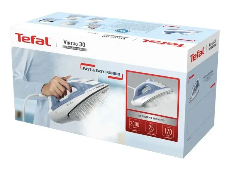TEFAL Steam Iron | FV2C41E0 Virtuo | Steam Iron | 2000 W | Water tank capacity 240 ml | Continuous steam 27 g/min | Steam boost performance 120 g/min | Blue/White