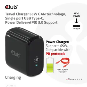 CLUB3D Travel Charger 65W GAN technology, Single port USB Type-C, Power Delivery(PD) 3.0 Support, Indoor, AC, Black