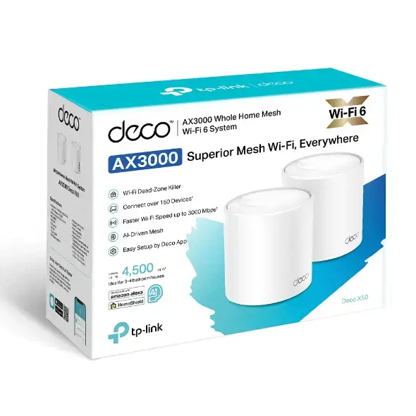 "TP-Link AX3000 Whole Home Mesh WiFi 6" sistema, balta, vidinė, CE: (2,4 GHz) <20 dBm (2,4 GHz) <23 dBm (5 GHz) FCC: <30 dBm (2,4 GHz) <30 dBm (5 GHz), 0-40 °C, -40-70 °C, 10-90 %.