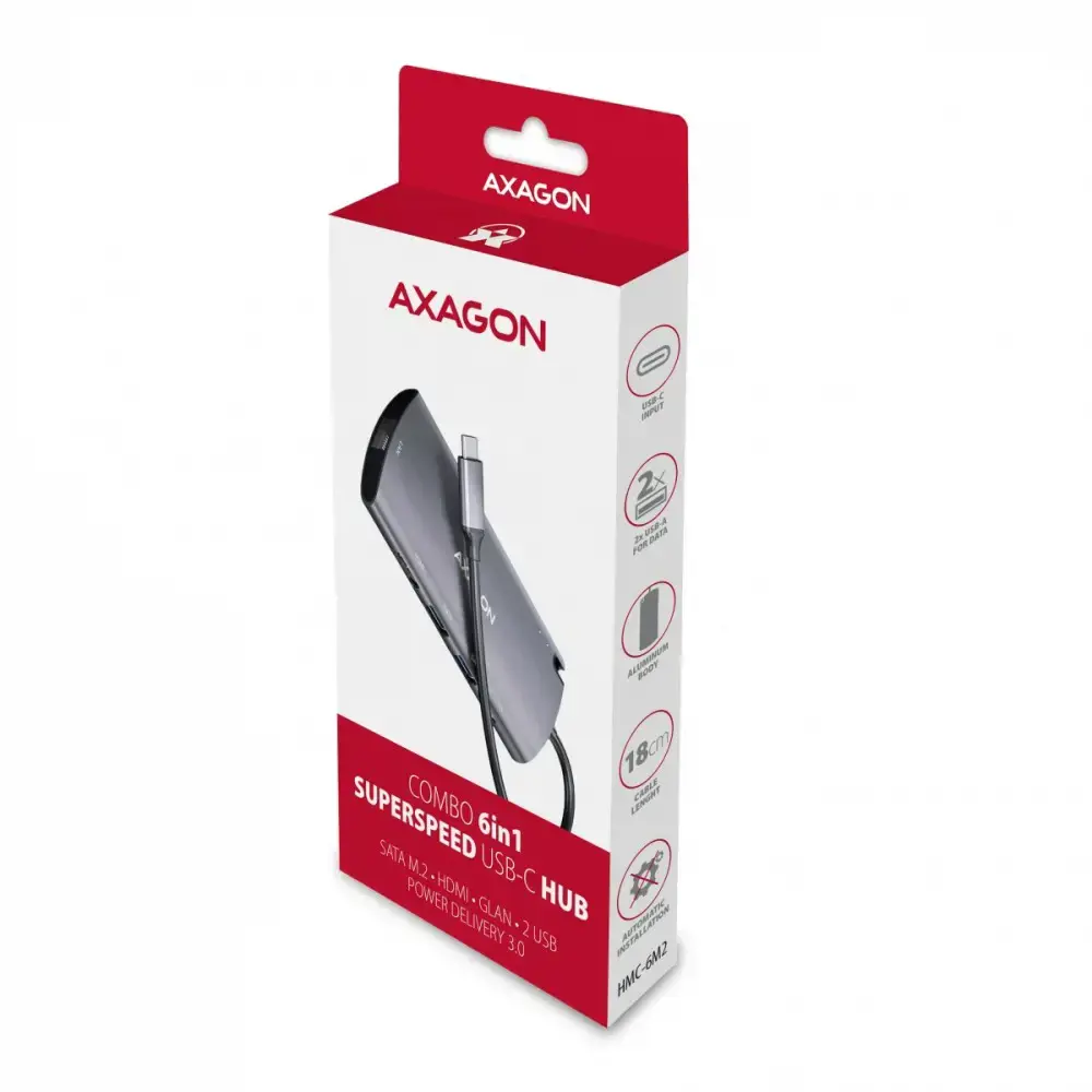 Axagon HMC-6M2 SUPERSPEED USB-C COMBO 6IN1 HUBMultiport USB 3.2 Gen 1 šakotuvas. SATA M.2, HDMI, Gigabit LAN ir Power Delivery. Kabelis USB-C 18 cm.