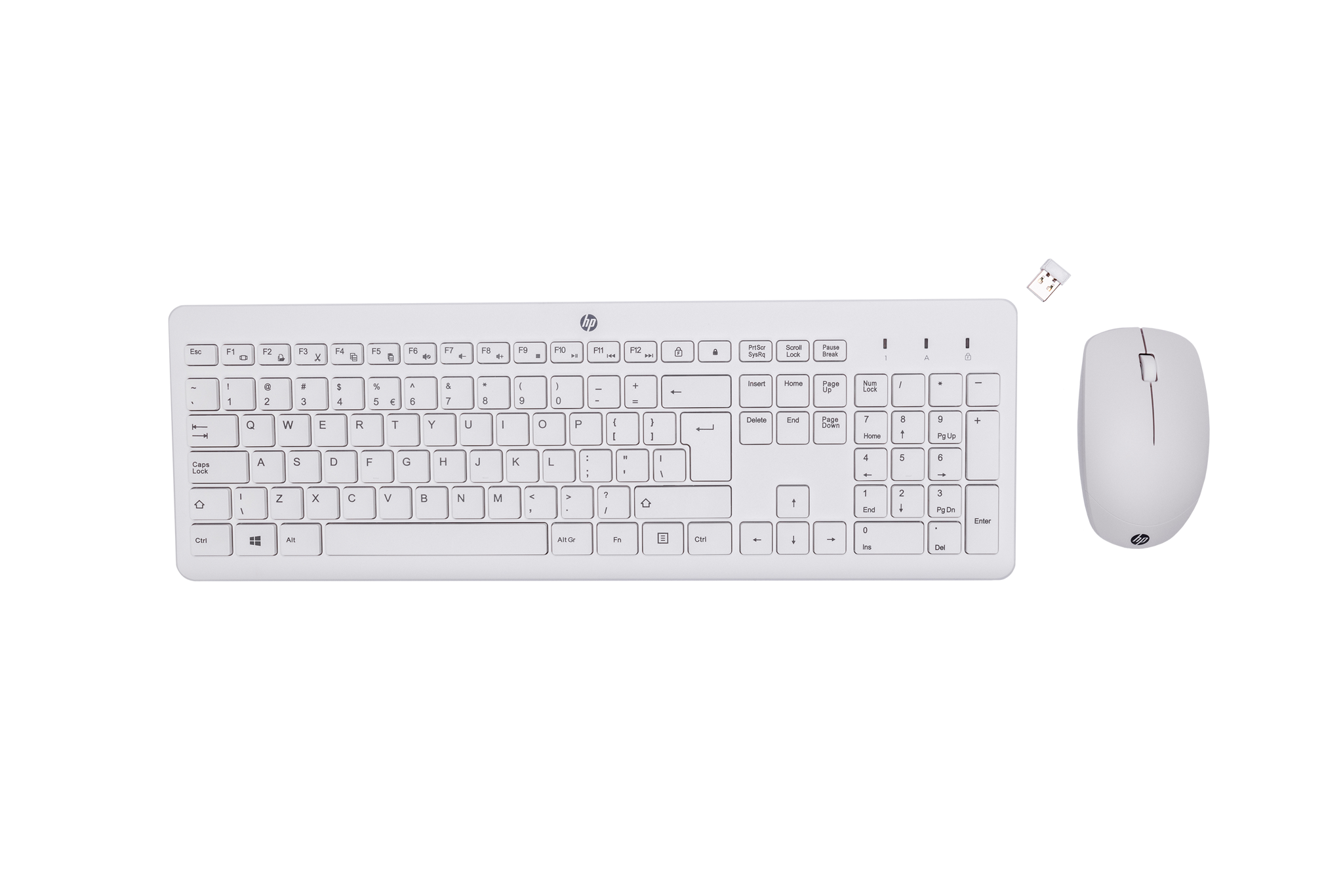 HP 230 belaidės pelės ir klaviatūros komplektas, pilno dydžio (100%), RF belaidis, membraninis, baltas, pelė pridedama