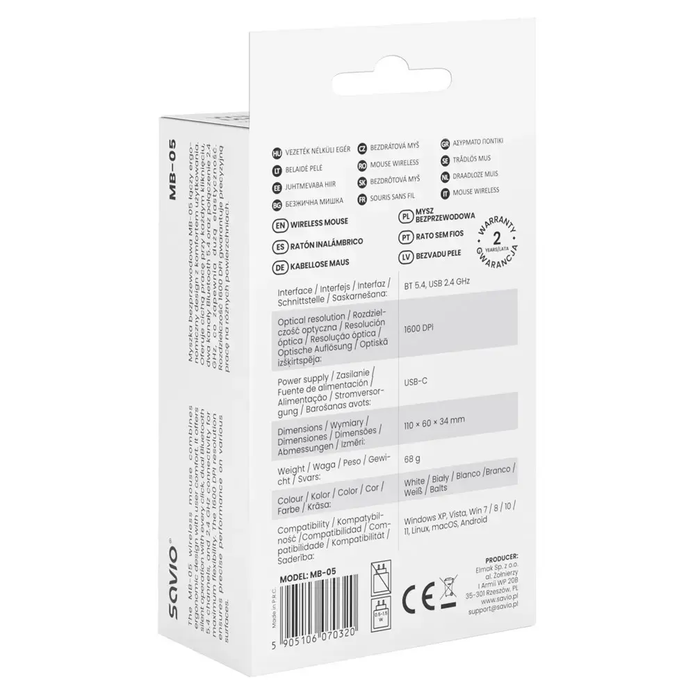 Savio MB-05 mouse Universal Ambidextrous Bluetooth 1600 DPI