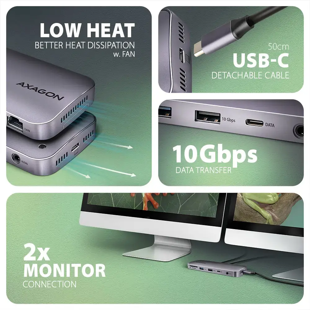 AXAGON Multiport USB-C 10Gbps hub. NVMe/SATA M.2, HDMI and DisplayPort. Cable USB-C 50 cm.