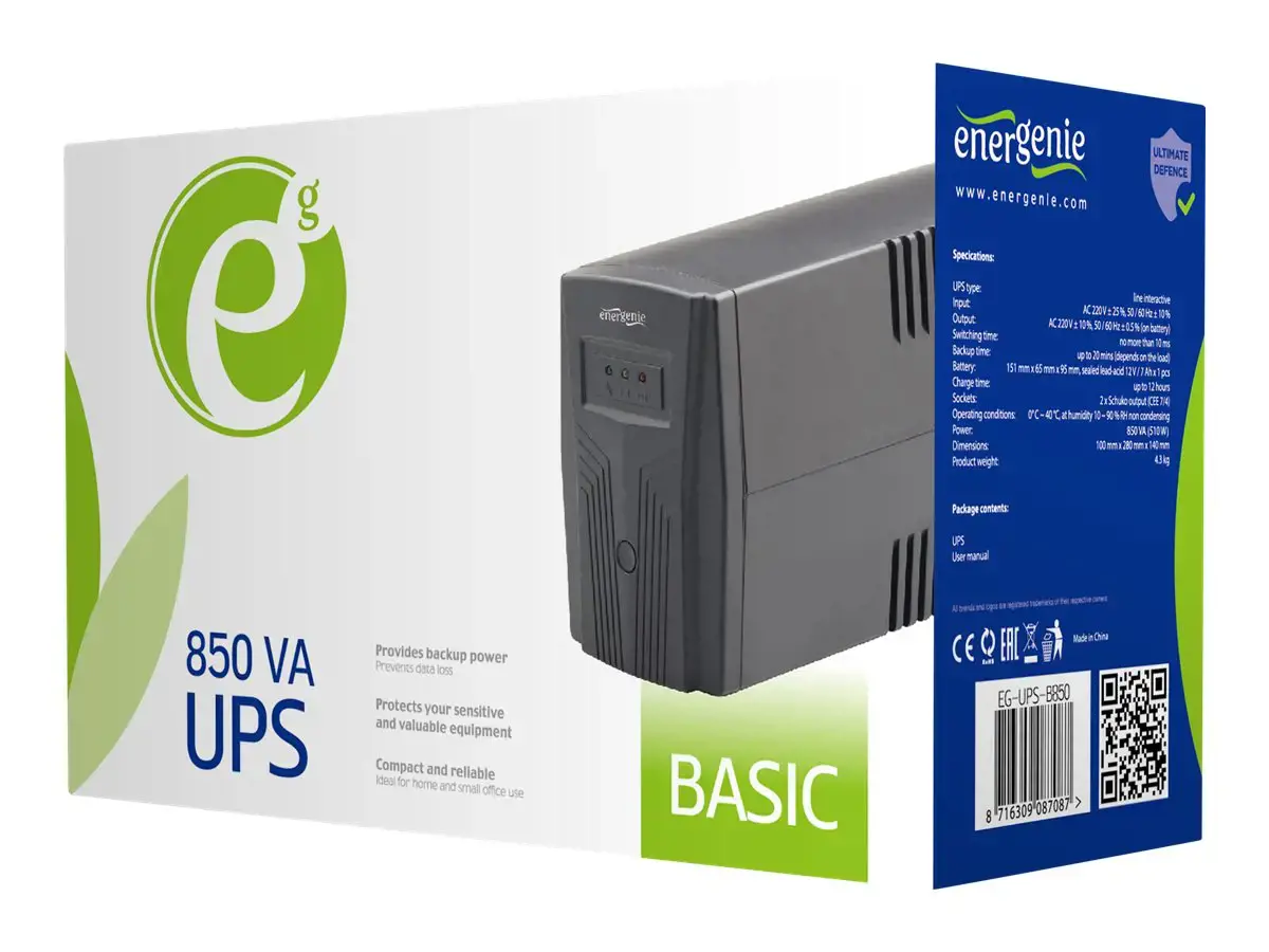GEMBIRD EG-UPS-B850 UPS Energenie by Gembird 850 VA Basic 850 UPS, AVR, Shuko išvesties lizdai, juoda