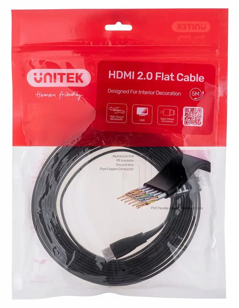 UNITEK 2.0 4K60HZ FLAT 5M C11063BK-5M - Kabel - Digital/Display/Video HDMI cable 5 m HDMI Type A (Standard) Black