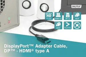 ASSMANN DisplayPort adapterio kabelis DP - HDMI Type A St / St 2.0m w / War. DP 1.2 HDMI 2.0 4K / 60Hz CE juodas