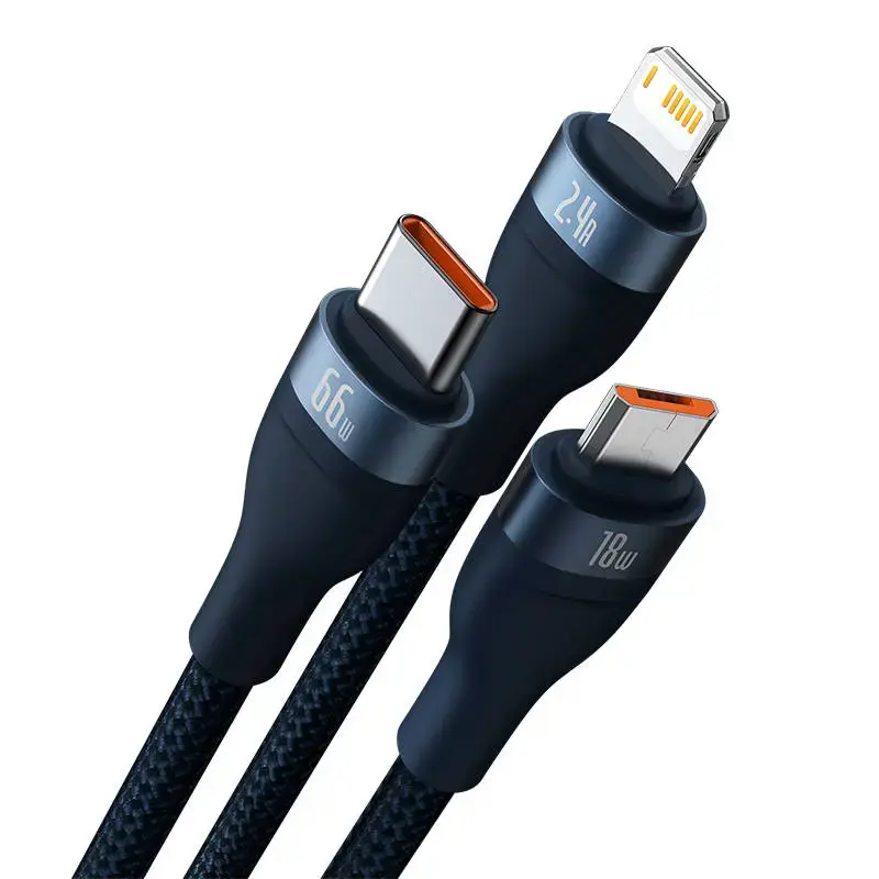 USB "3-in-1" laidas "Baseus Flash Series", USB-C + "micro USB" + "Lightning", 66 W, 1,2 m (mėlynas)