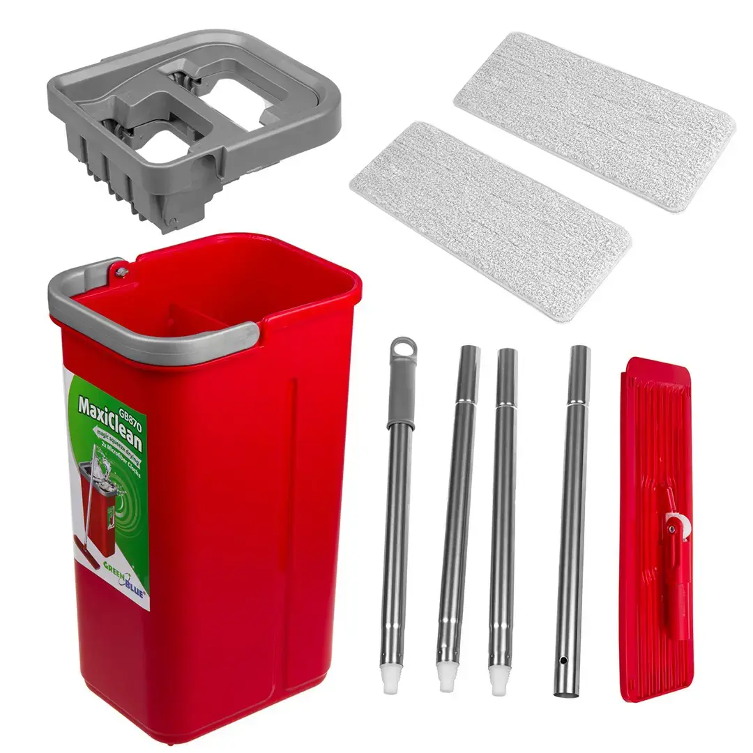 Plokščia šluostė + kibiras + teleskopinis strypas + 2 x mikropluošto padas 5,7 l grindų valymo rinkinys XXL su besisukančia galvute