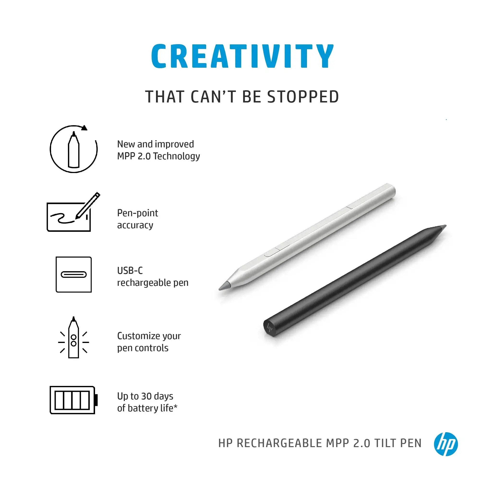 HP Rechargeable MPP 2.0 Tilt Pen (Black), Laptop, HP, Black, 1 month(s), 10 g, 149.5 mm