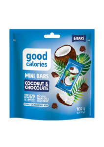 Mini riešutų batonėliai GOOD CALORIES su kokosais ir šokoladu, 102 g