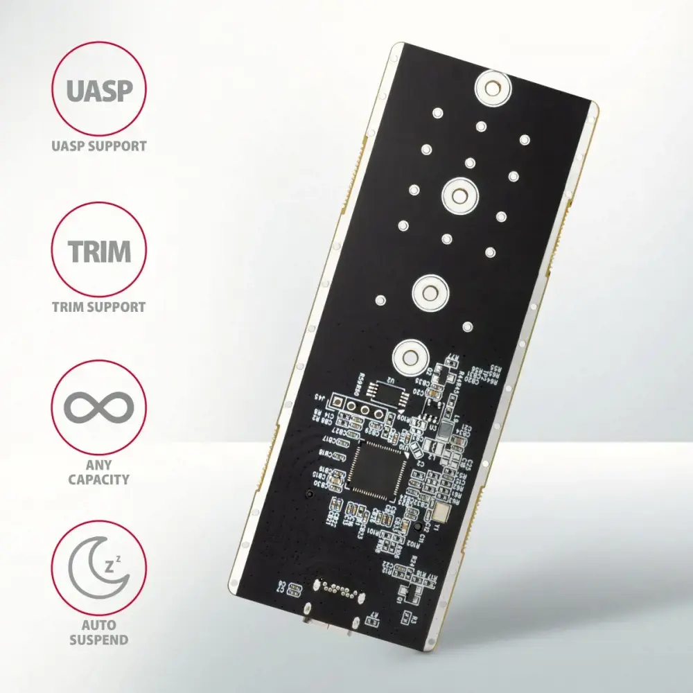 Itin greita išorinė AXAGON EEM2-GTR THIN RIB dėžutė su USB 3.2 Gen 2 sąsaja skirta NVMe (PCI-Express) M.2 SSD diskams. Dėžutėje esanti dvipusė USB-C jungtis kartu su pridedamu USB-C -> USB-C kabeliu leidžia patikimai prijungti t