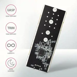 Itin greita išorinė AXAGON EEM2-GTR THIN RIB dėžutė su USB 3.2 Gen 2 sąsaja skirta NVMe (PCI-Express) M.2 SSD diskams. Dėžutėje esanti dvipusė USB-C jungtis kartu su pridedamu USB-C -> USB-C kabeliu leidžia patikimai prijungti t