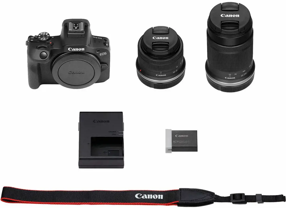 "Canon EOS R100 + RF-S 18-45mm F4.5-6.3 IS STM + RF-S 55-200mm F5-7.1 IS STM rinkinys, 24,1 MP, 6000 x 4000 taškų, CMOS, 4K Ultra HD, 309 g, juoda