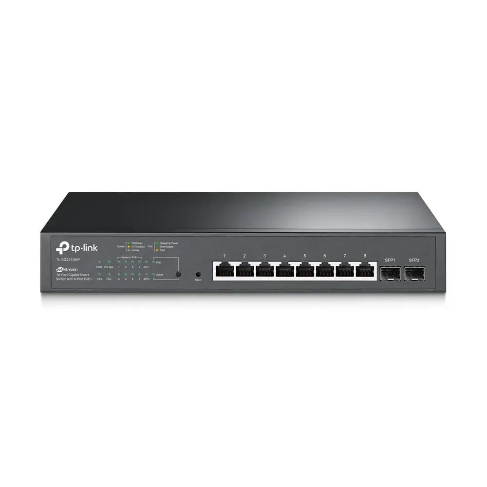 "TP-Link JetStream" 10 prievadų Gigabit Smart PoE komutatorius su 8 prievadais PoE+, valdomas, L2/L2+, Gigabit Ethernet (10/100/1000), maitinimas per Ethernet (PoE), montuojamas į stovą, 1U