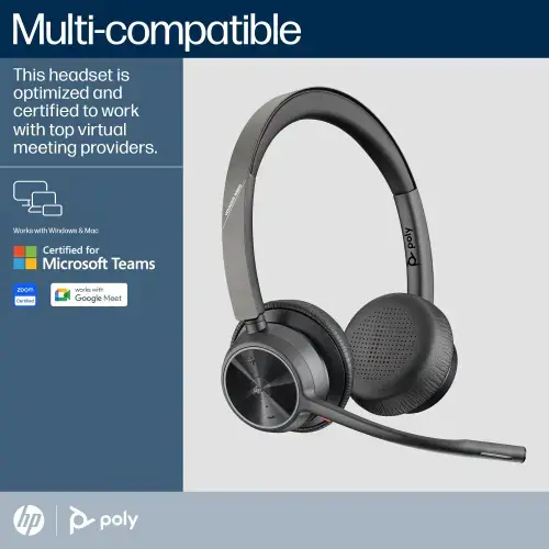 POLY Voyager 4320 Microsoft Teams Certified Headset +BT700 dongle +Charging Stand, Wireless, Calls/Music, 162 g, Headset, Black