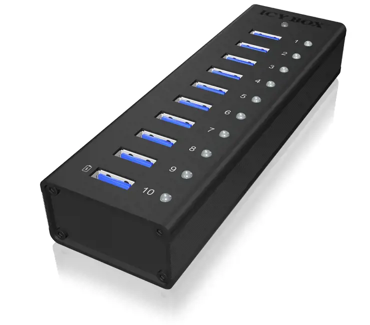 ICYBOX IB-AC6110 IcyBox 10 x USB 3.0 prievadų koncentratorius su USB įkrovimo prievadu, juodas