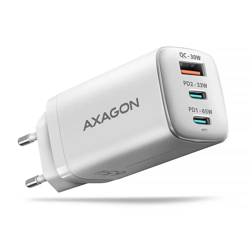 AXAGON ACU-DPQ65W GaN Wall charger, 3x port (USB + dual USB-C), PD3.0/QC4+/PPS/Apple, 65W, white