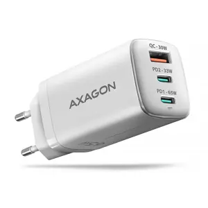 AXAGON ACU-DPQ65W GaN Wall charger, 3x port (USB + dual USB-C), PD3.0/QC4+/PPS/Apple, 65W, white