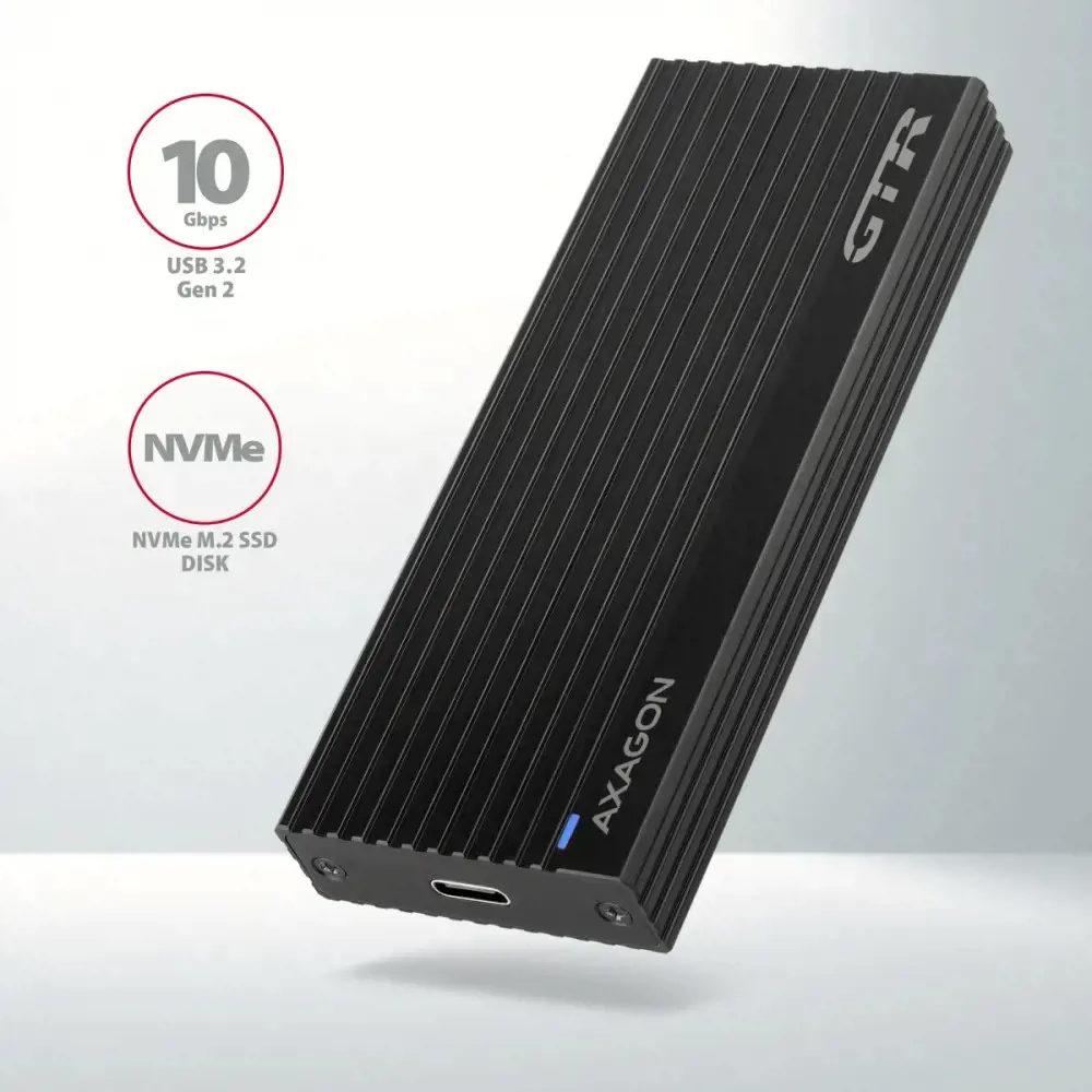 Itin greita išorinė AXAGON EEM2-GTR THIN RIB dėžutė su USB 3.2 Gen 2 sąsaja skirta NVMe (PCI-Express) M.2 SSD diskams. Dėžutėje esanti dvipusė USB-C jungtis kartu su pridedamu USB-C -> USB-C kabeliu leidžia patikimai prijungti t