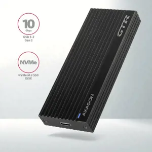 Itin greita išorinė AXAGON EEM2-GTR THIN RIB dėžutė su USB 3.2 Gen 2 sąsaja skirta NVMe (PCI-Express) M.2 SSD diskams. Dėžutėje esanti dvipusė USB-C jungtis kartu su pridedamu USB-C -> USB-C kabeliu leidžia patikimai prijungti t