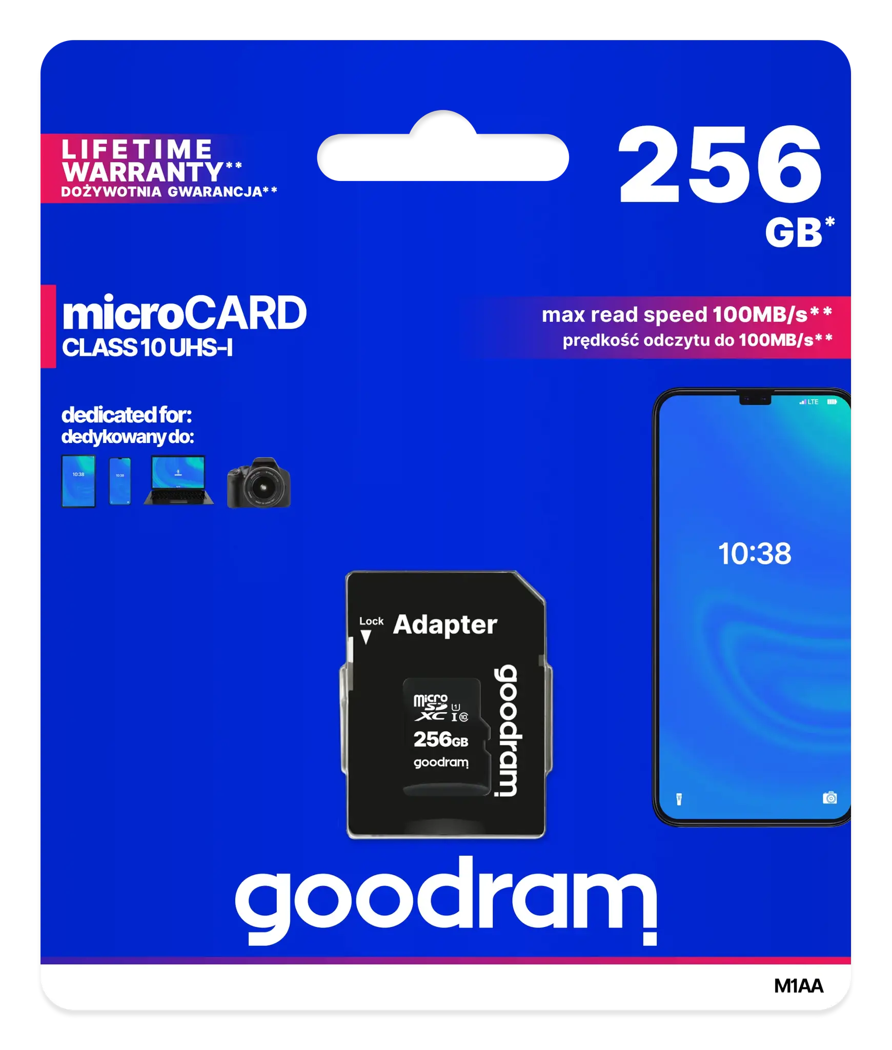 "Goodram M1AA", 256 GB, "MicroSDXC", 10 klasė, UHS-I, 100 MB/s, 10 MB/s
