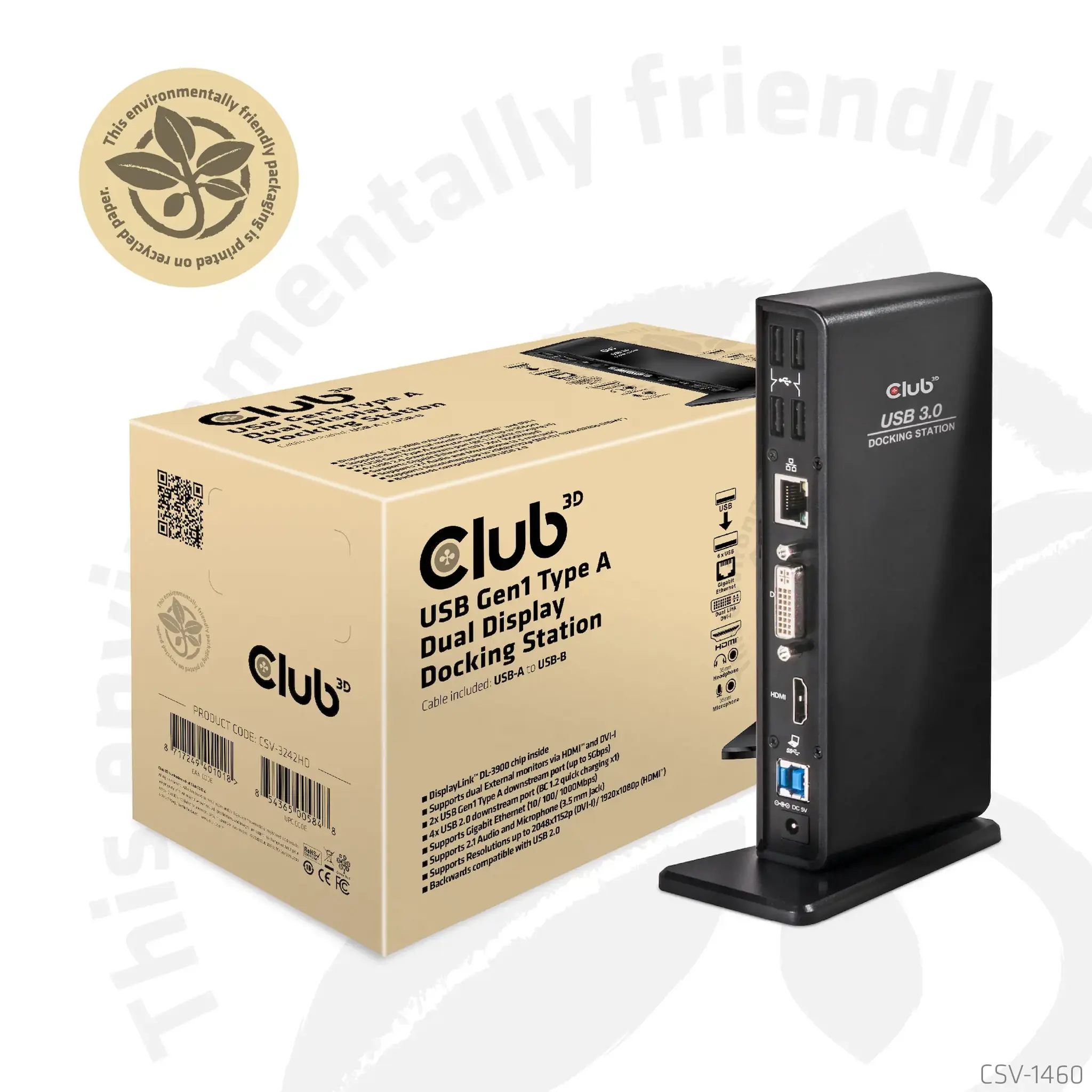 CLUB3D USB Gen1 Type A Dual Display ( HDMI and DVI) DisplayLink™ Docking Station, Wired, USB 3.2 Gen 1 (3.1 Gen 1) Type-A, 1.4a, 3.5 mm, USB Type-B, 10,100,1000 Mbit/s