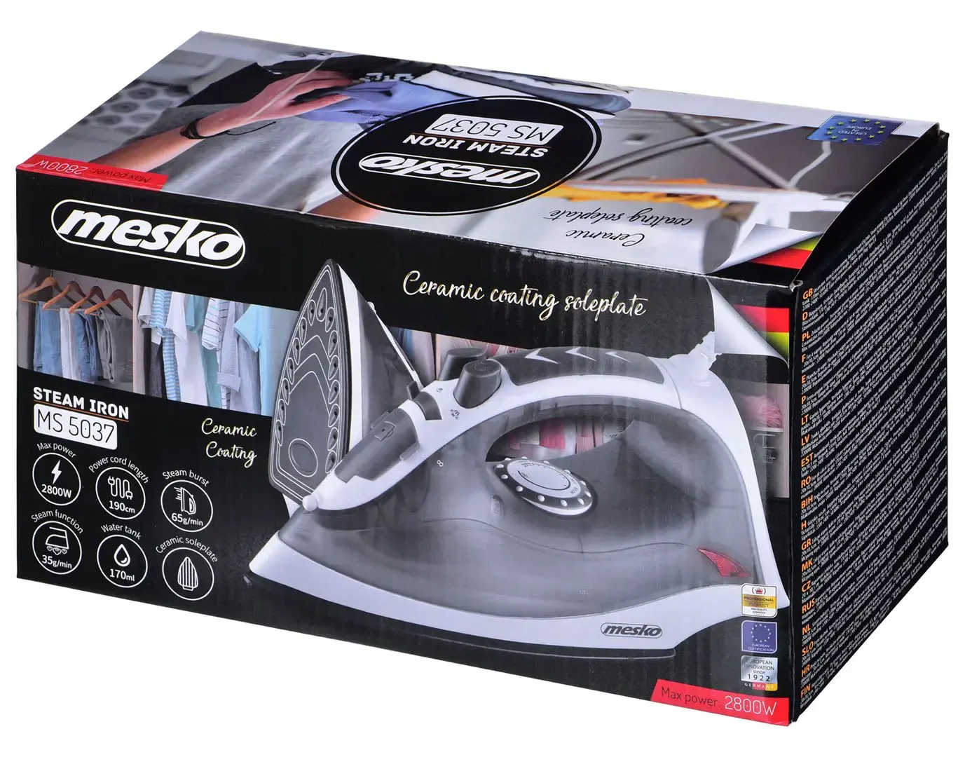 Mesko MS 5037. Garinis lygintuvas, 2800 W, vandens bakelio talpa 170 ml, nepertraukiamas garų srautas 35 g/min, pilkos spalvos