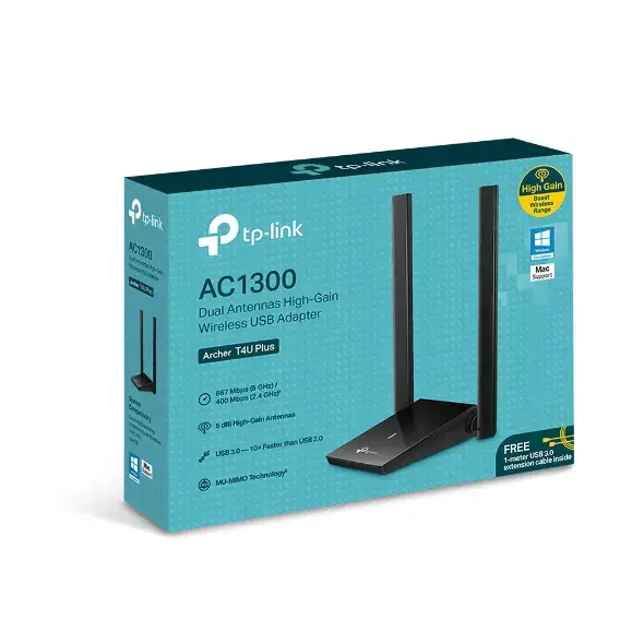 TP-LINK Archer T4U Plus AC1300 WiFi USB adapteris 2x didelio stiprumo išorinės antenos USB 3.0 MU-MIMO