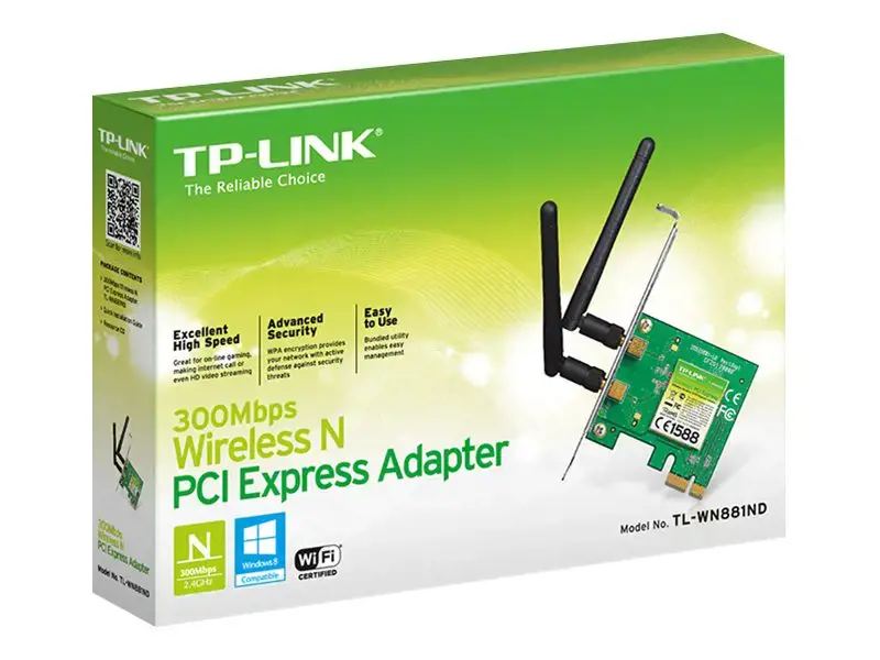 TP-LINK 300MBit/s WLAN-N PCI Express adapteris Atheros-Chipsatz 2T2R 2,4 GHz 802.11b/g/n 2 nuimamos antenos