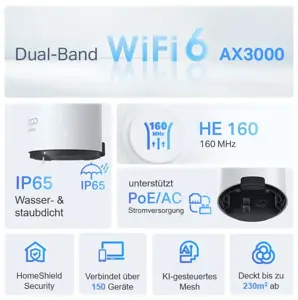 TP-Link AX3000 Outdoor / Indoor Whole Home Mesh WiFi 6 Unit, White, Internal, Mesh system, 230 m², -30 - 60 °C, -40 - 70 °C