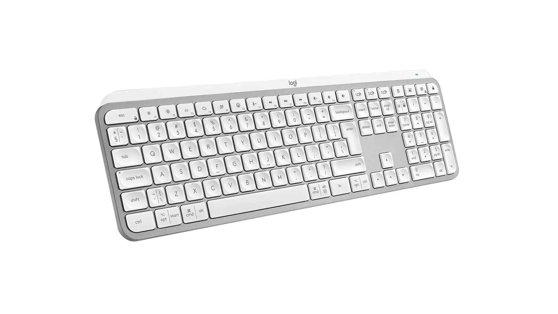 "Logitech MX Keys S", pilno dydžio (100 %), RF belaidis + "Bluetooth", žirklinis klavišų jungiklis, QWERTY, LED, aliuminis, baltas