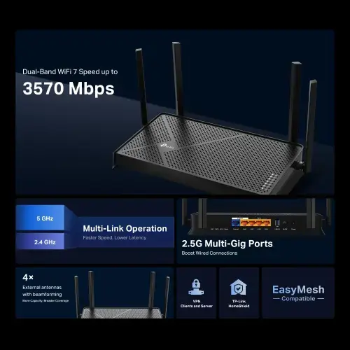 TP-Link Archer BE230 BE3600 Dual-Band Wi-Fi 7 Maršrutizatorius