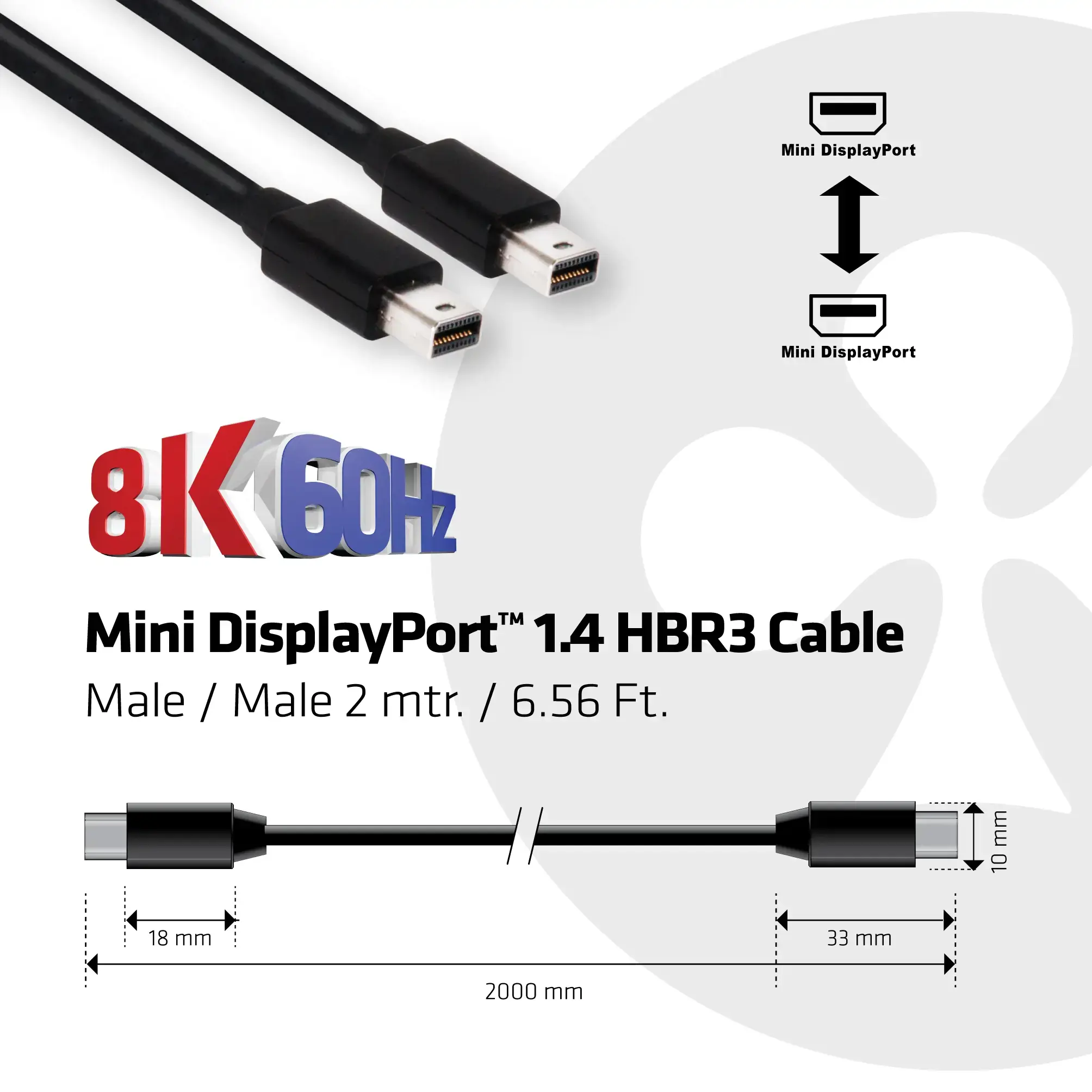 CLUB3D Mini DisplayPort 1.4 Cable HBR3 8K60Hz Male / Male 2 mtr. / 6.56 Ft., 2 m, Mini Displayport, Mini Displayport, Male, Male, 7680 x 4320 pixels